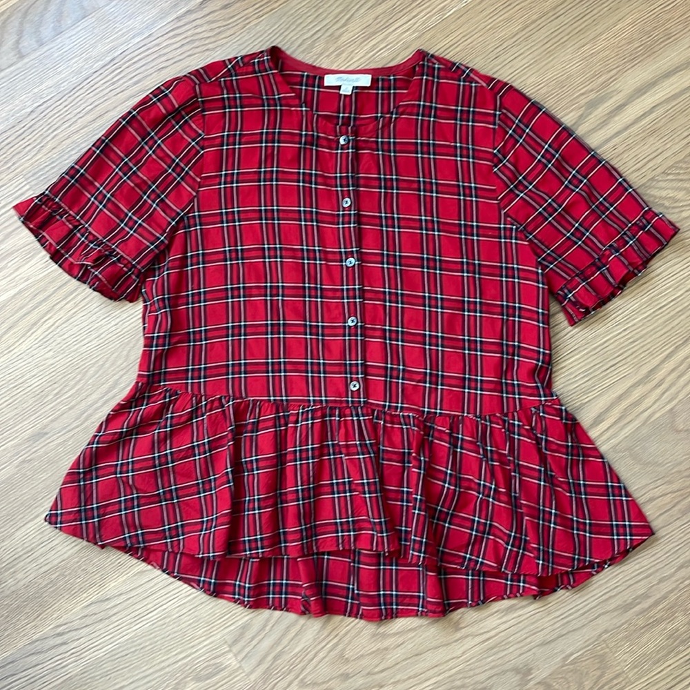 Madewell Studio Ruffle-Hem Top in Clanton Plaid • size S